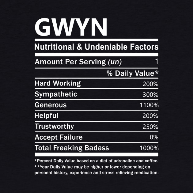 Gwyn Name T Shirt - Gwyn Nutritional and Undeniable Name Factors Gift Item Tee by nikitak4um